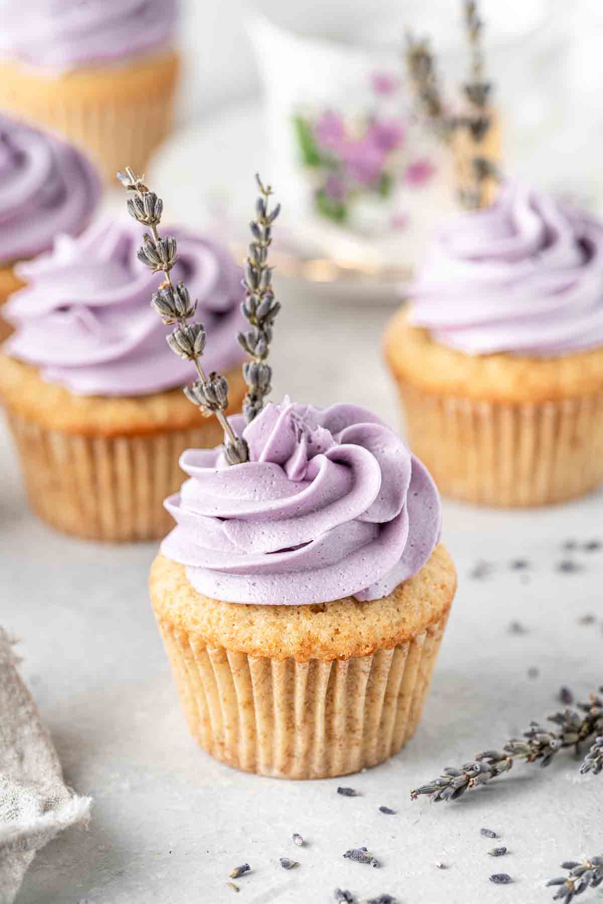 Close up of dairy free earl grey lavender cupcakes.