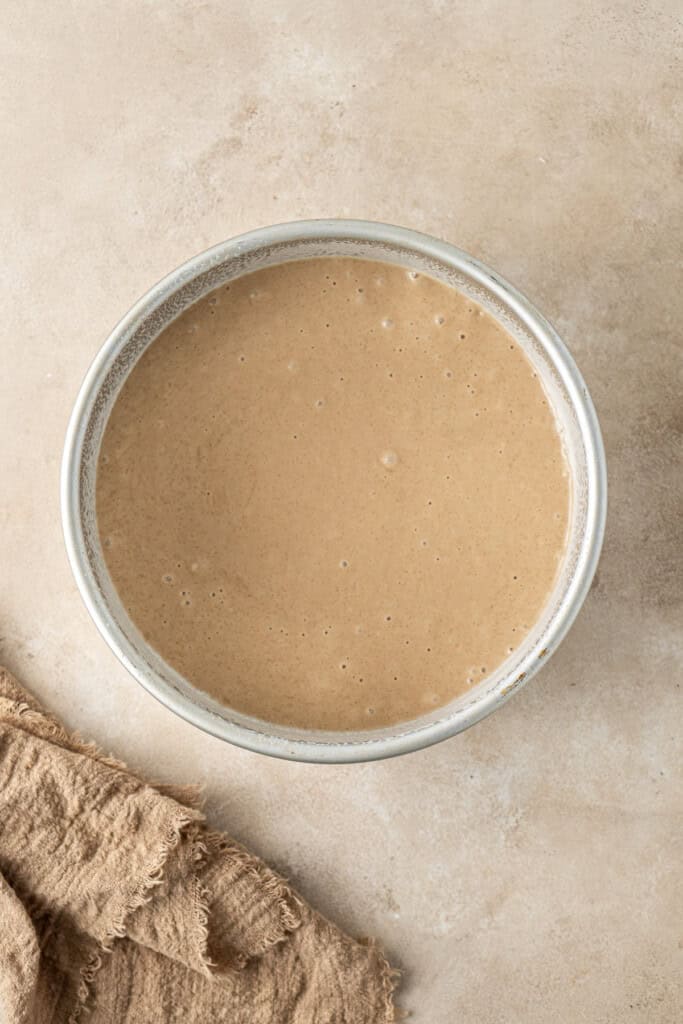 The coffee flavoured cake batter in the tin.