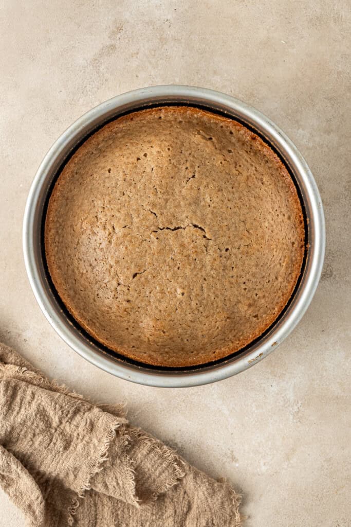 The baked cake in the tin.