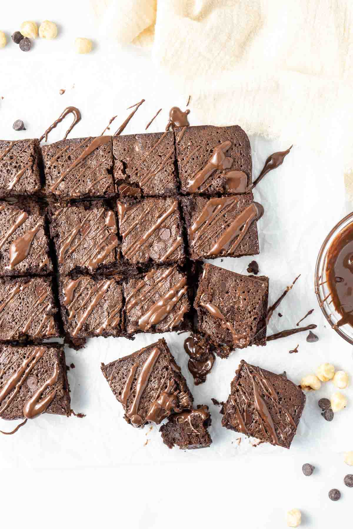 Chocolate brownies sliced into squares from above.