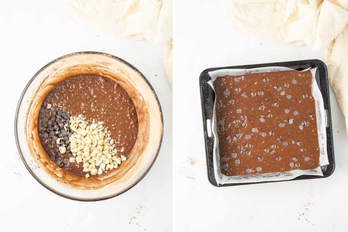 Brownie batter in a glass bowl and poured into a square baking tin ready for the oven.