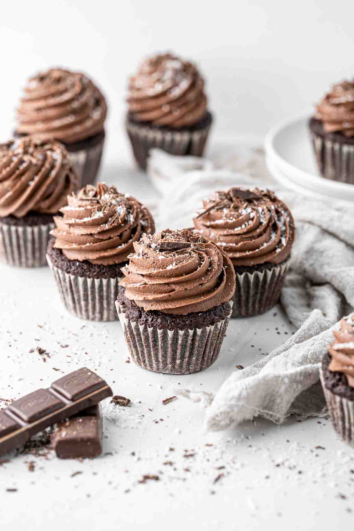 Chocolate and coconut cupcakes with swirls of chocolate and coconut buttercream. 