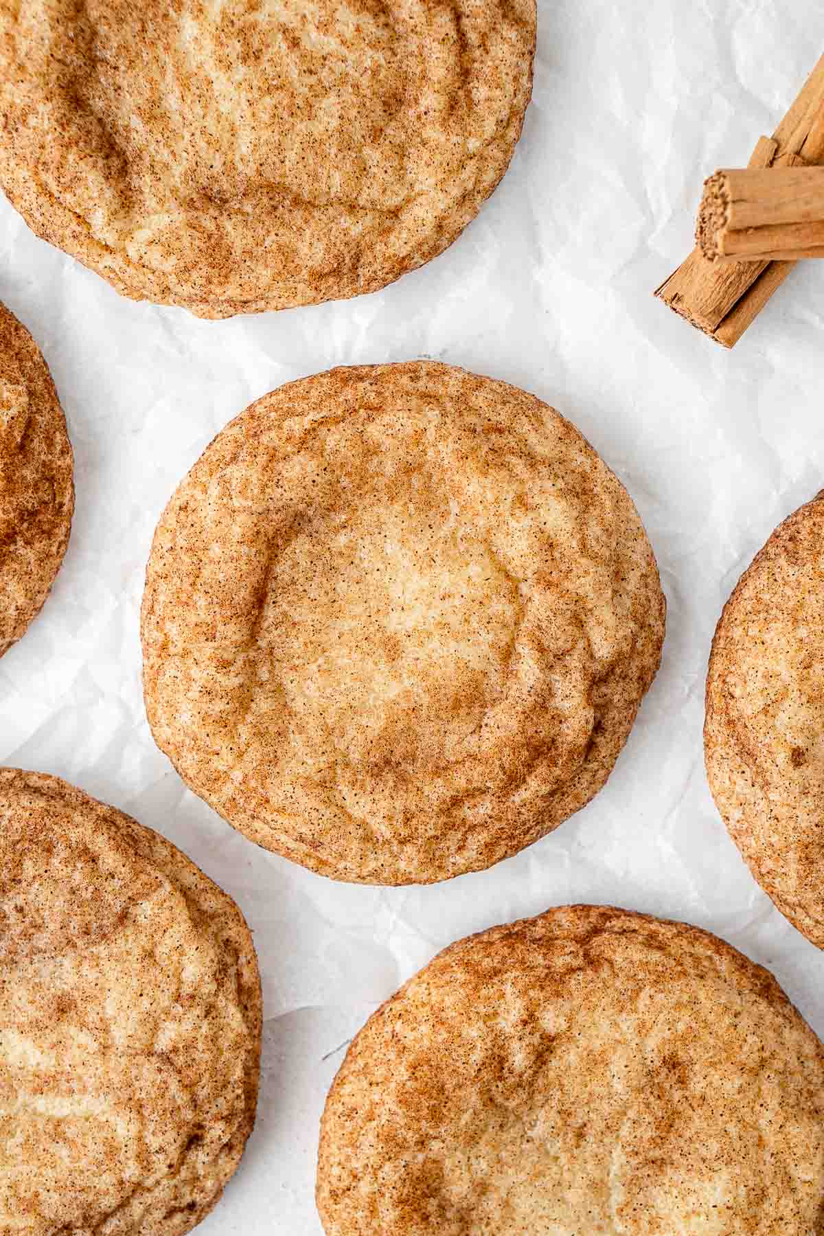 Close up of a dairy free snickerdoodle cookie.