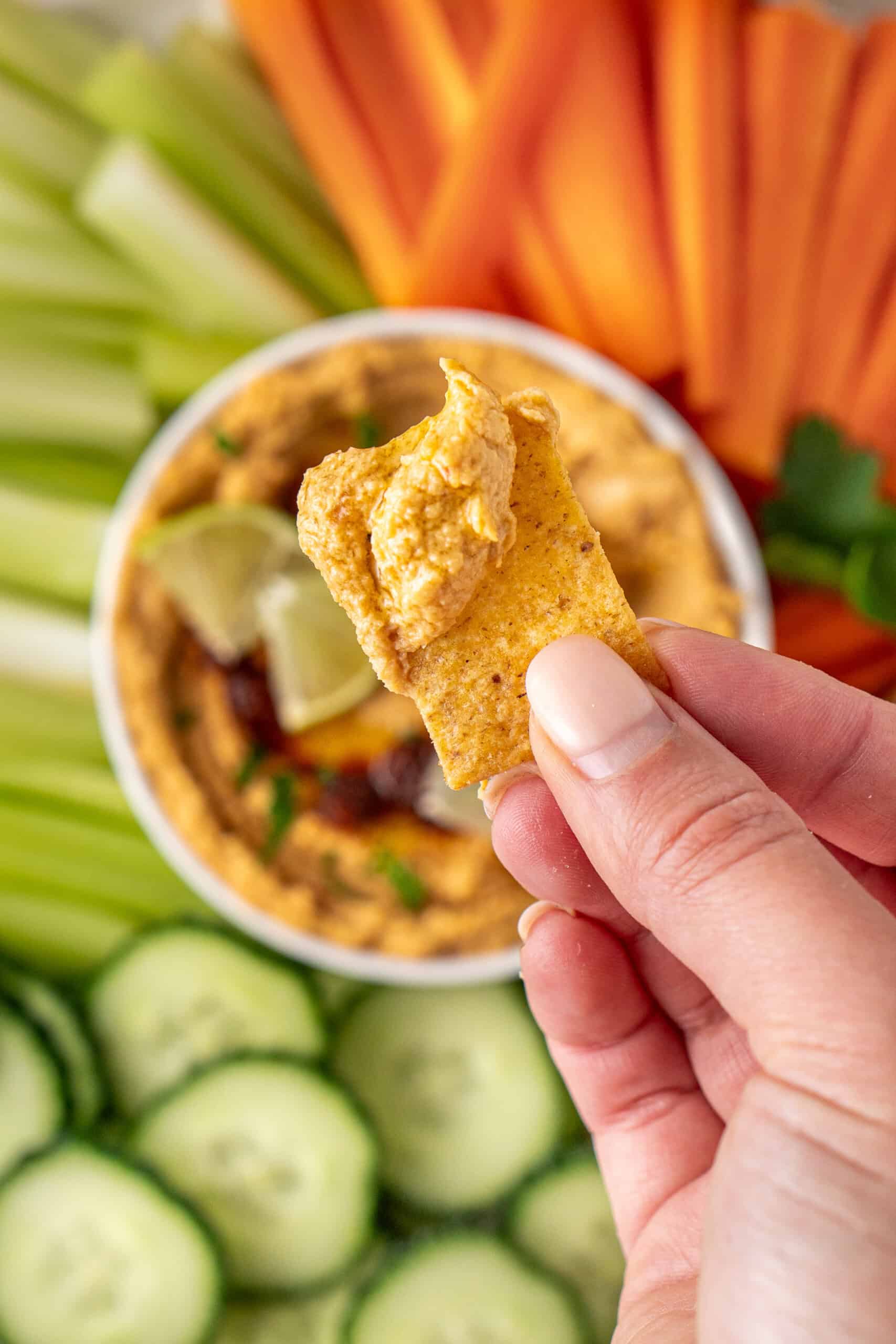A hand holding a cracker that has been dipped in the hummus.