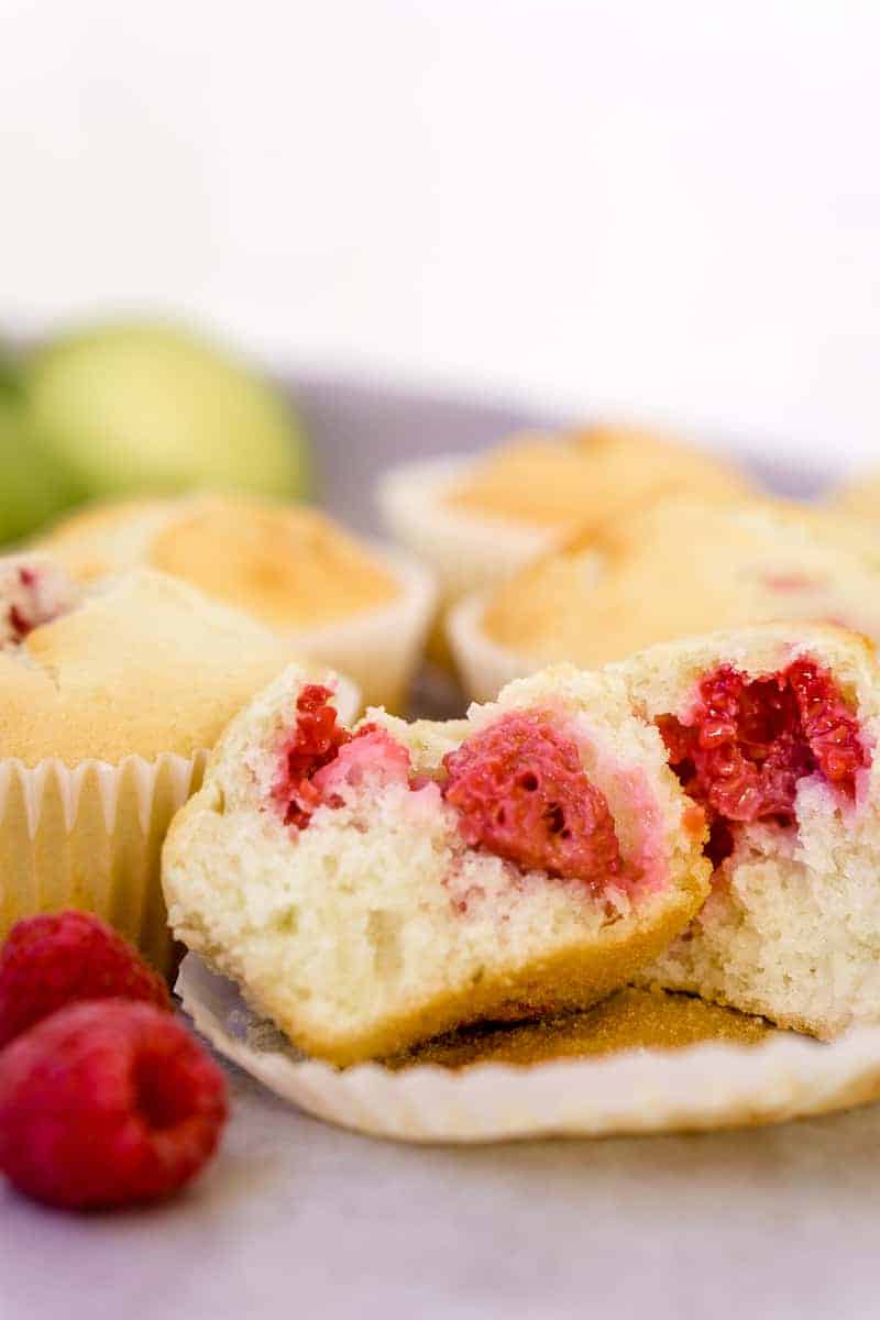 inside of a coconut, raspberry & lime muffin
