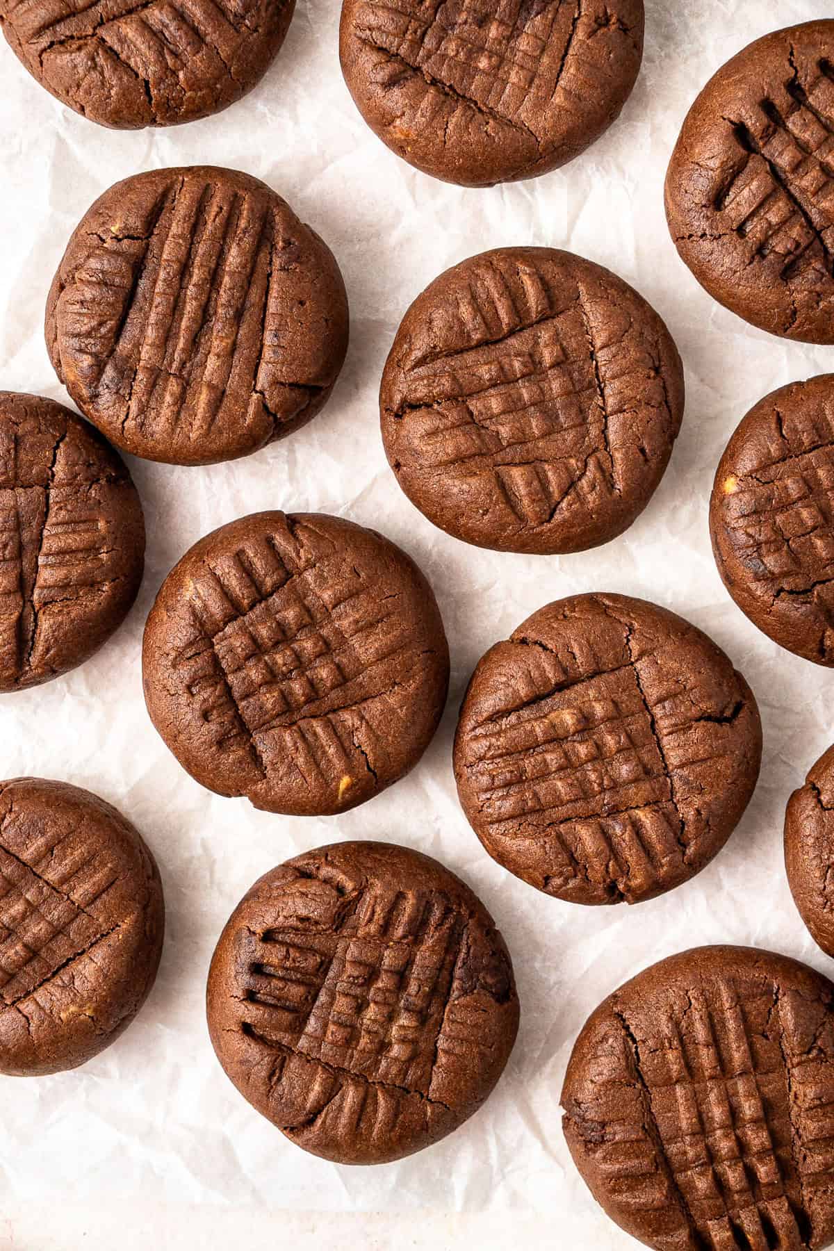Flourless chocolate peanut butter cookies laid out.