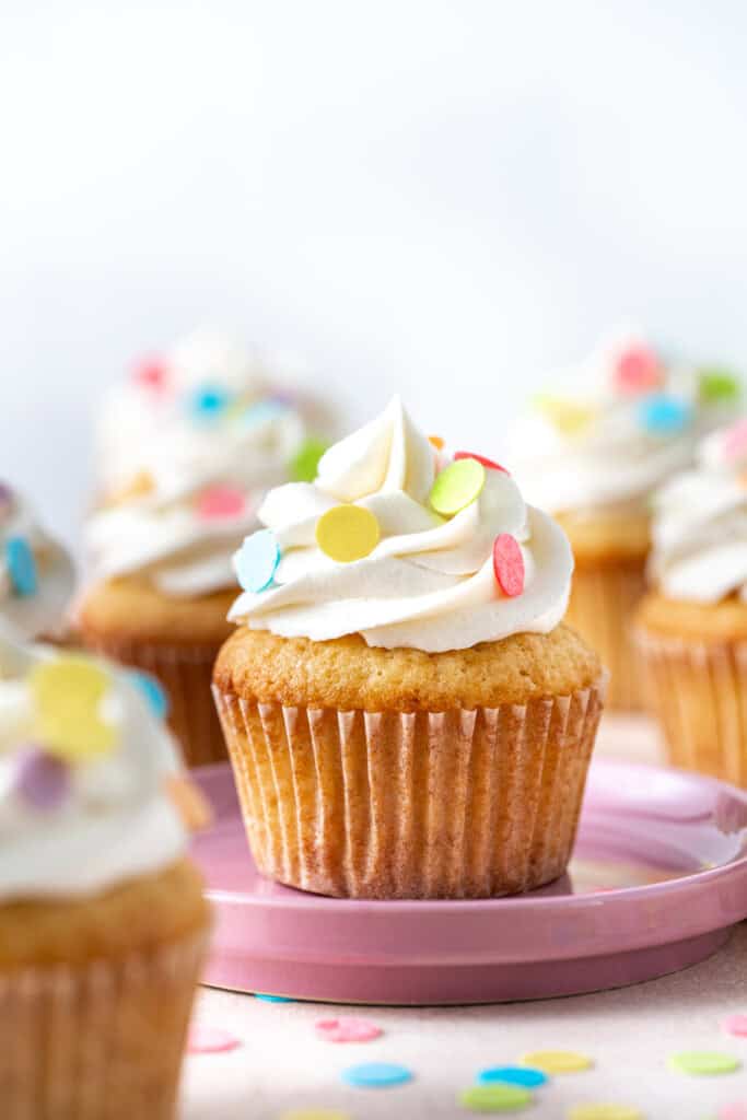 Dairy free vanilla cupcakes frosted with vegan vanilla buttercream.