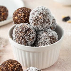 The chocolate and cherry balls in a ramekin.
