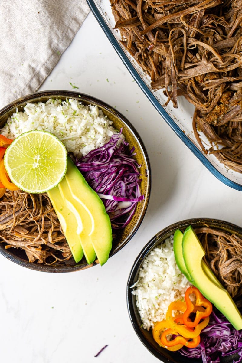 Burrito bowls with pulled beef
