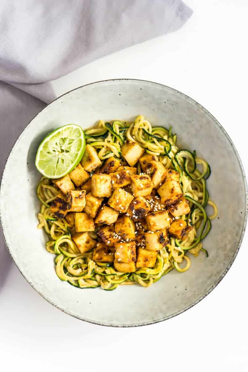 Crispy Tofu and Zoodles with Peanut Sauce