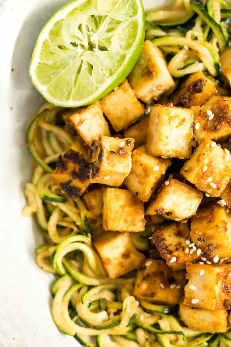 Crispy Tofu and Zoodles with Peanut Sauce