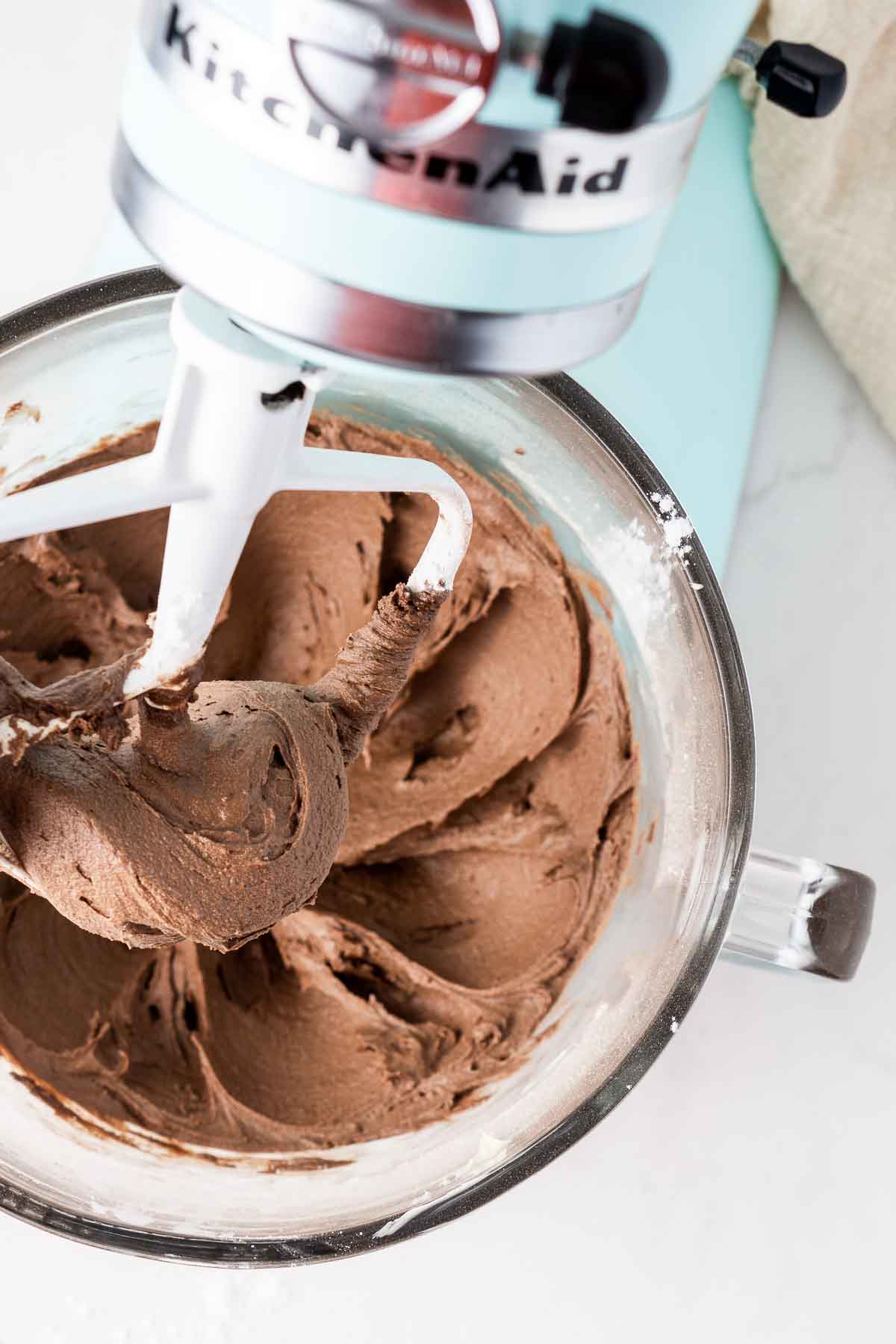 Chocolate buttercream in a stand mixer. 