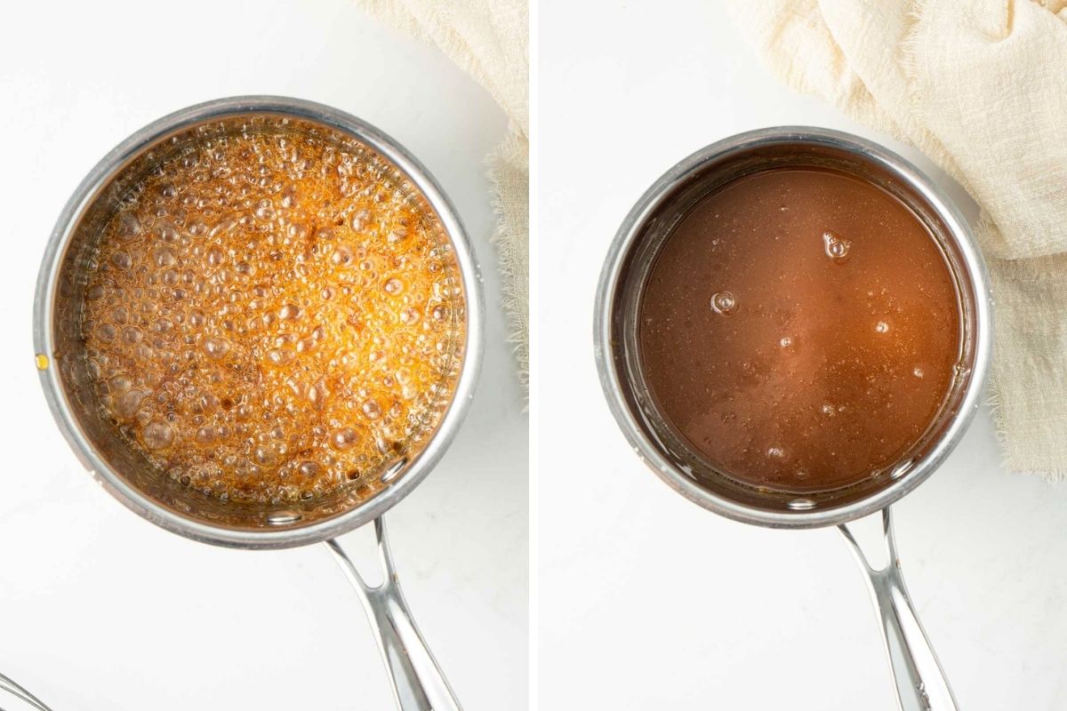 Boiling caramel in a saucepan.