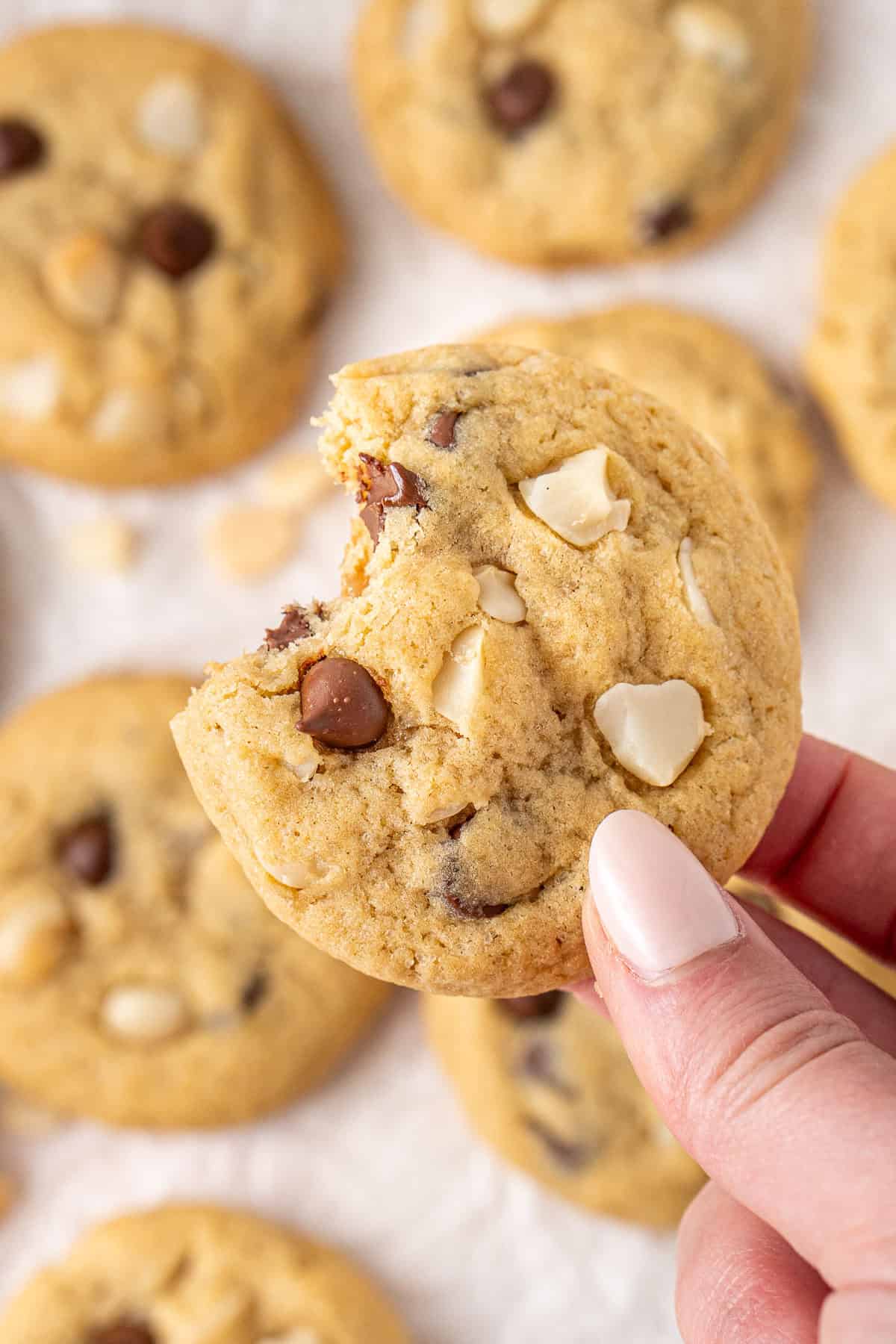 A hand holding up a cookie with a bite taken.