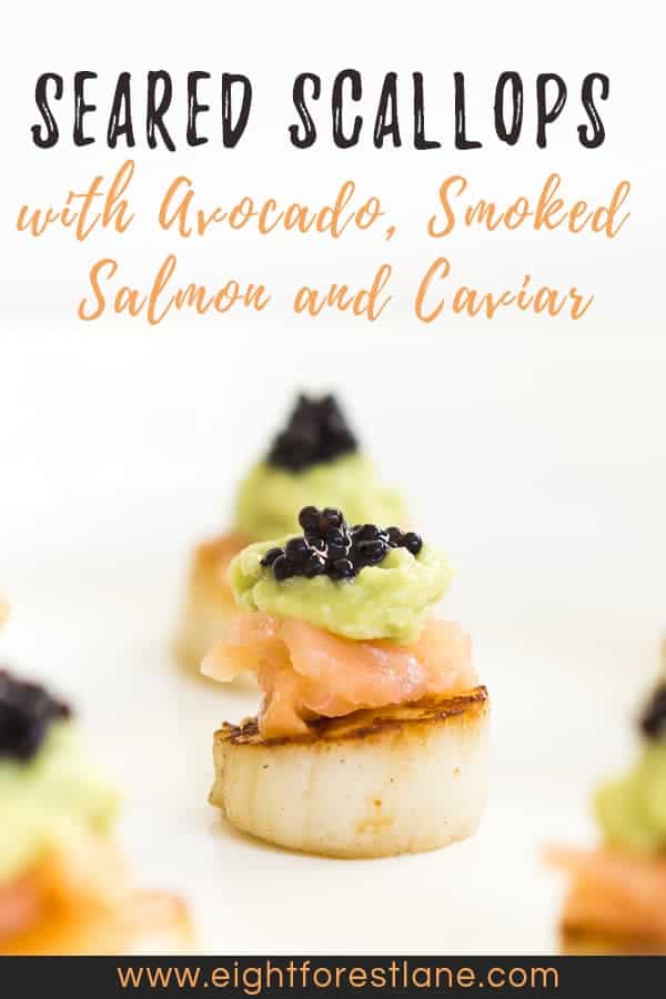 Seared Scallops with Avocado, Smoked Salmon and Caviar
