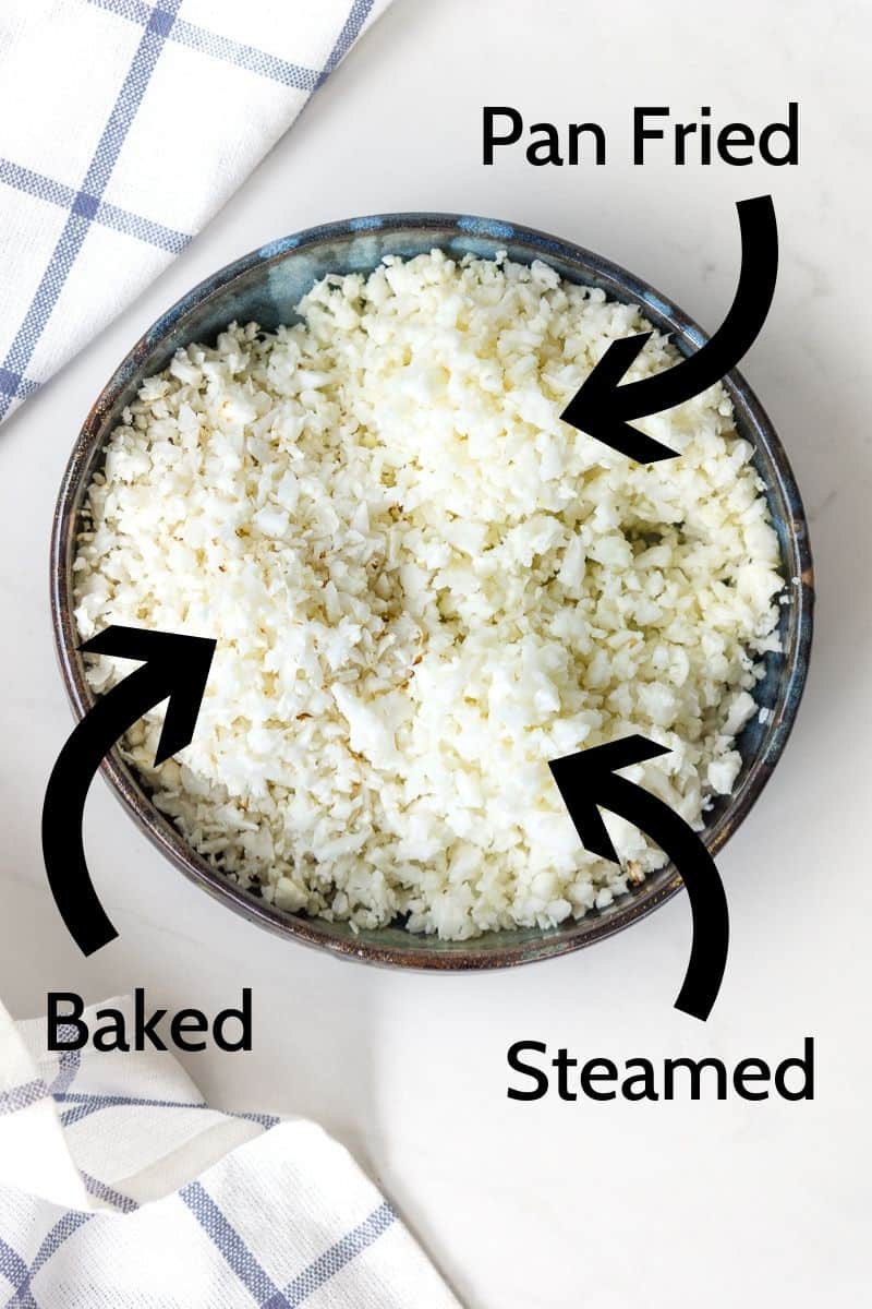 Three types of cooked cauliflower rice