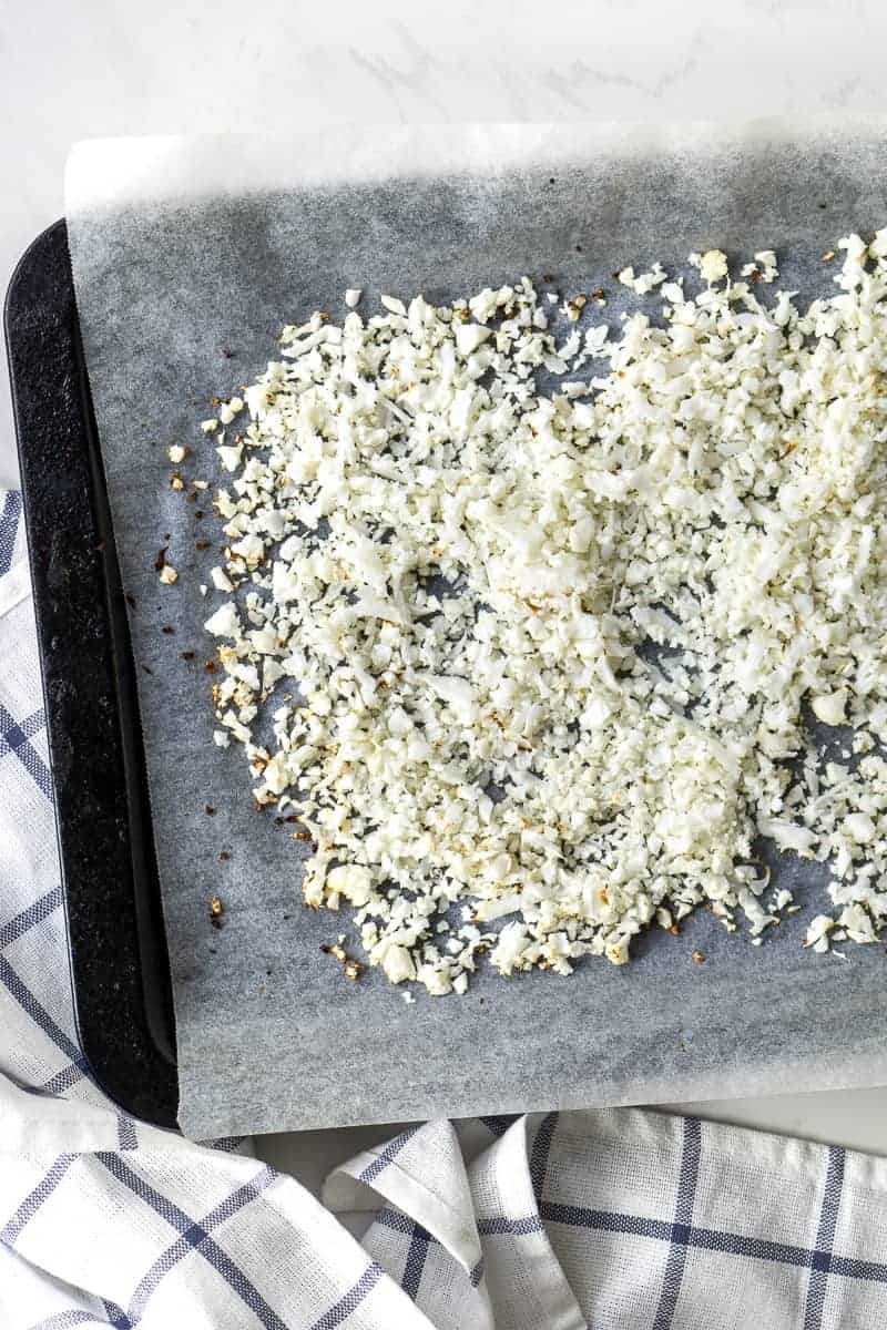 Cauliflower rice on baking tray
