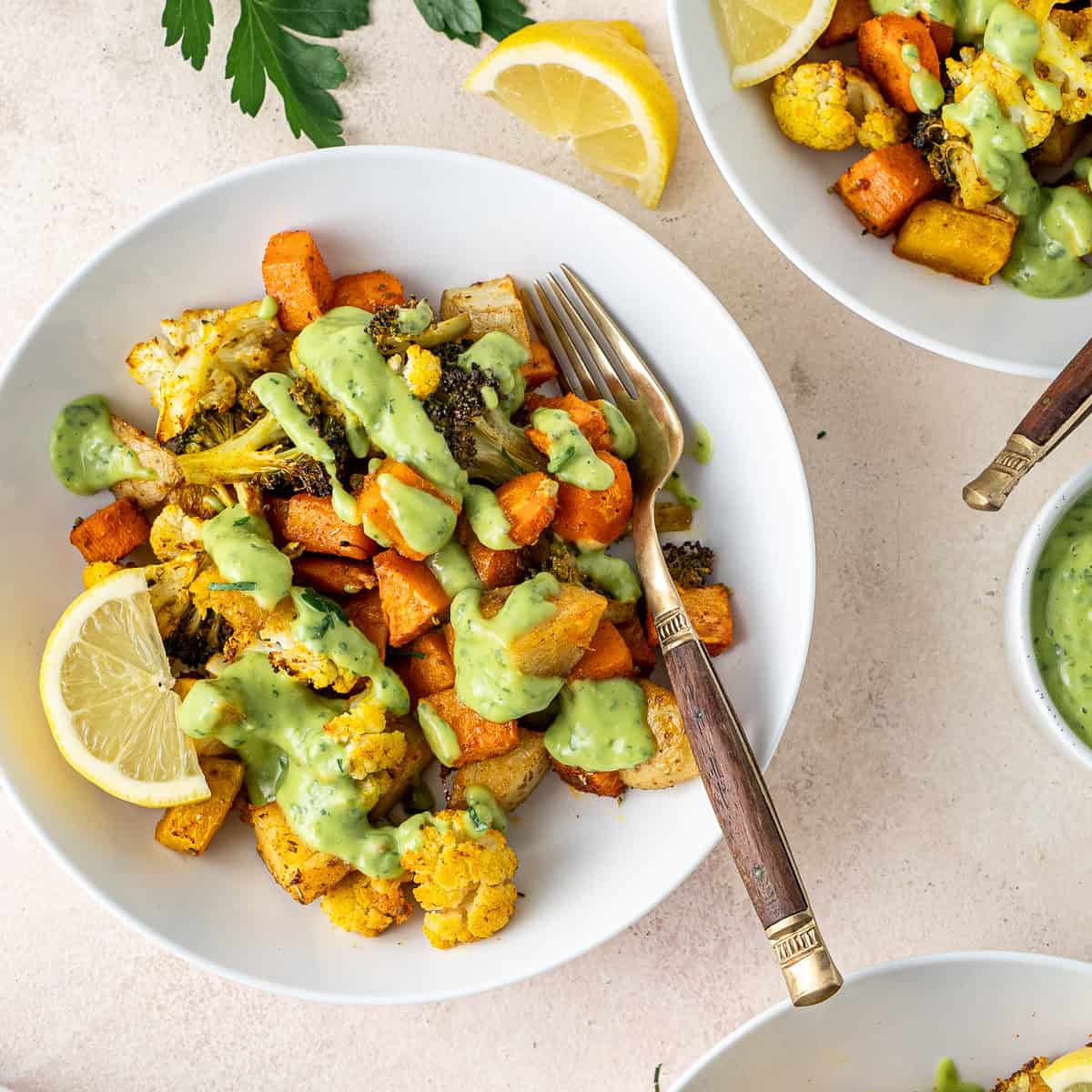 roasted veggie bowl with green goddess dressing Roasted Vegetable Bowls with Green Goddess Sauce