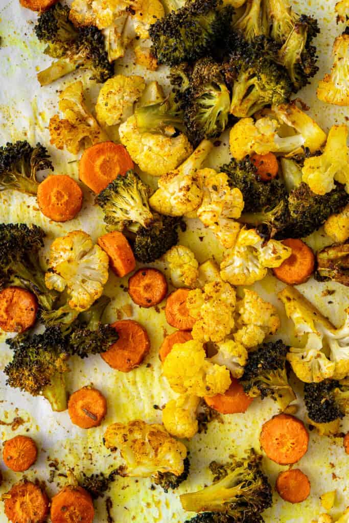 Close up of the turmeric roasted cauliflower on a baking sheet.