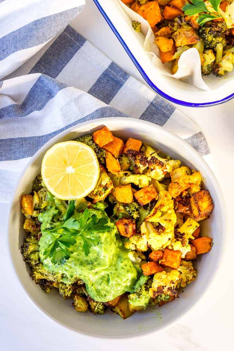 roasted vegetable bowls with green goddess sauce