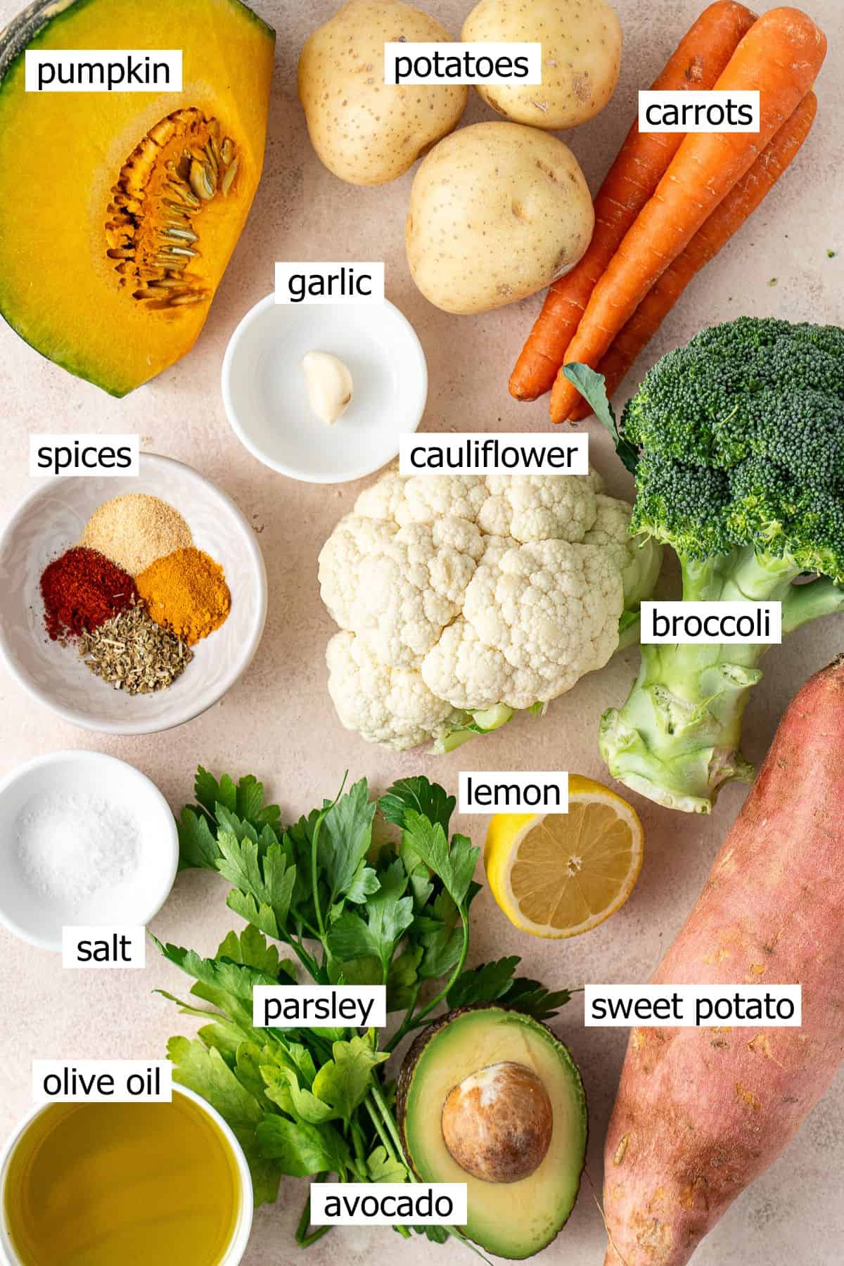 All ingredients needed to make roasted vegetable bowls with green goddess sauce laid out.