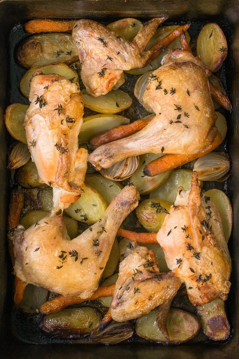 Roast Chicken and vegetables in pan