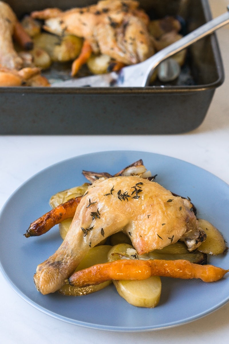Roast chicken and vegetables on a plate