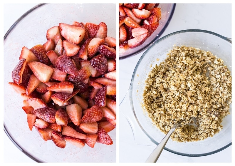 strawberries in bowl and crumble in bowl - step 1 & 2