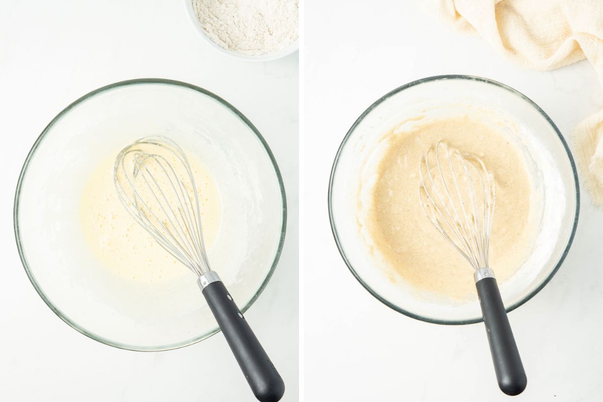 Step one and two of making the doughnut batter in a glass mixing bowl with a whisk.