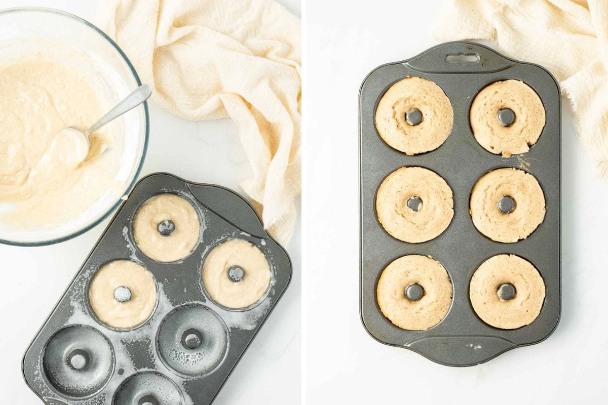 Doughnuts in a doughnut pan before and after baking.