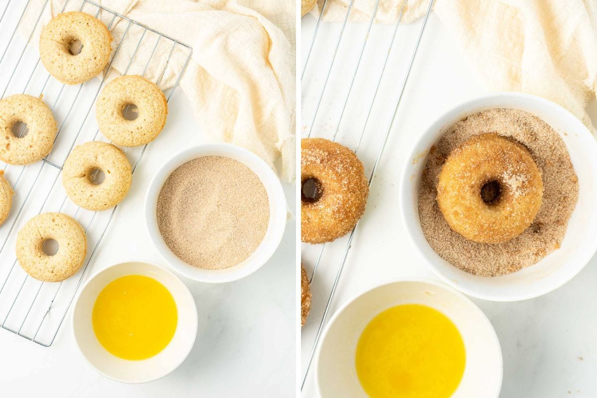 Dunking the doughnuts in butter and cinnamon sugar.