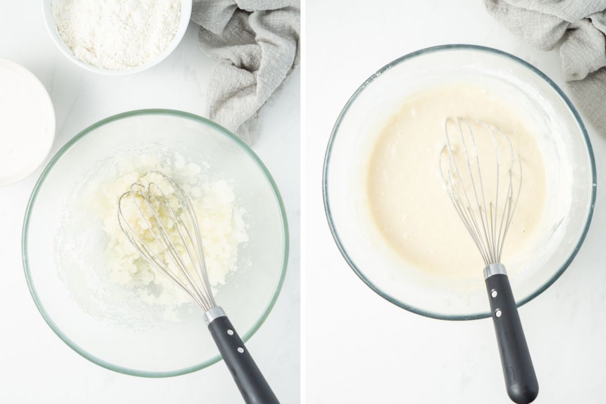 Step one and two of mixing the cupcake batter in a glass bowl with a whisk.