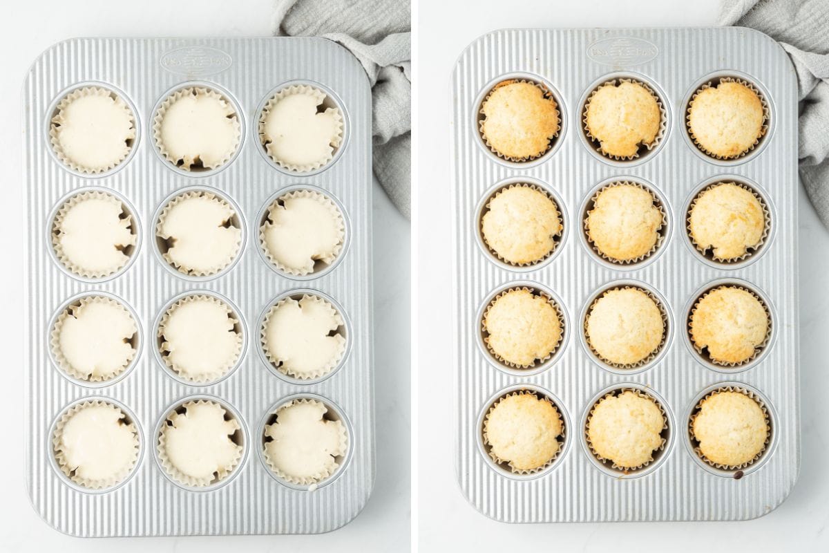 Cupcake batter in a muffin pan ready for the oven and freshly baked.