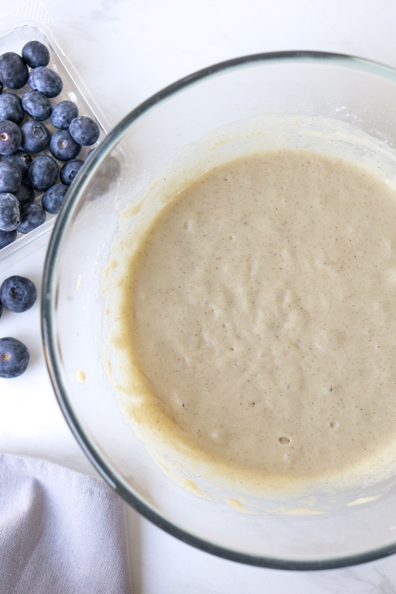 Blueberry buttermilk pancake batter in bowl