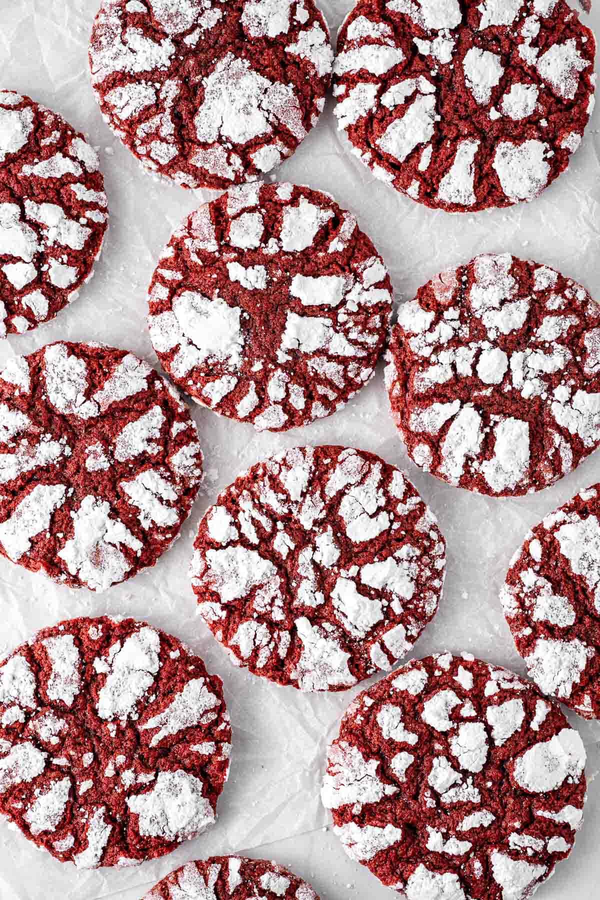 Red velvet crinkle cookies from above.