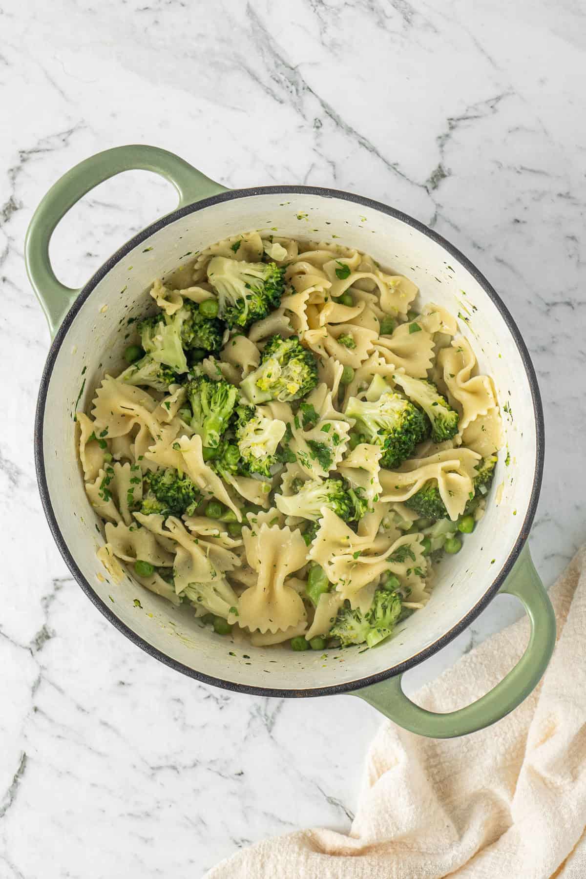 The finished pasta mixed together in the pot.