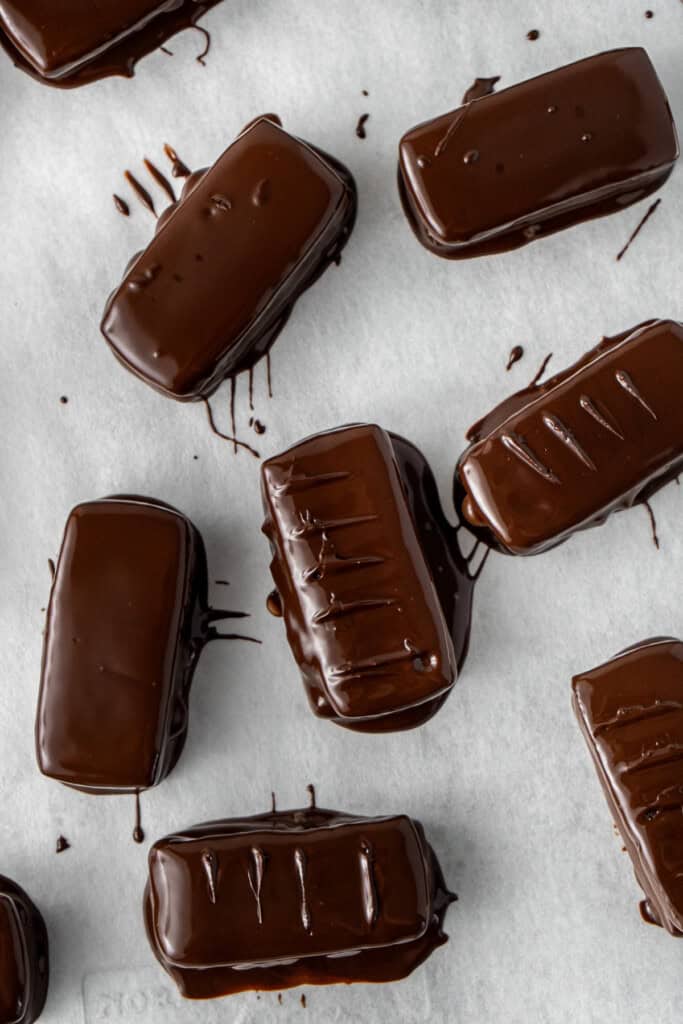 The chocolate coated biscuits ready for the freezer.