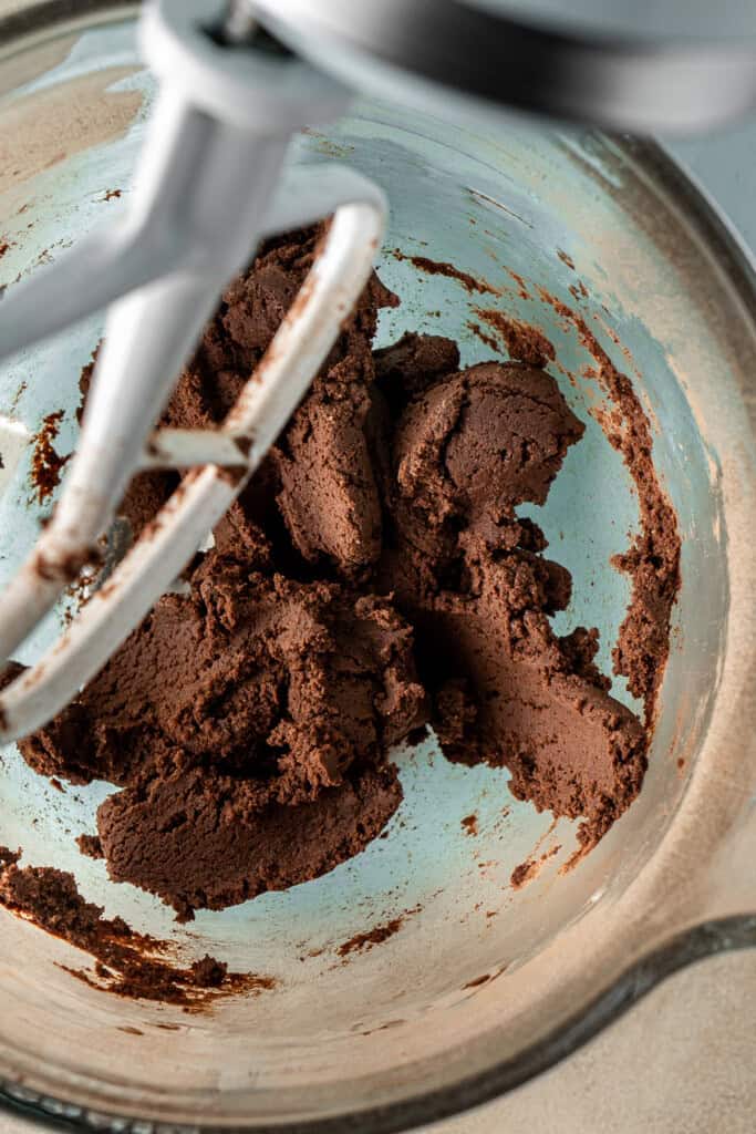 The chocolate cookie dough in the stand mixer.