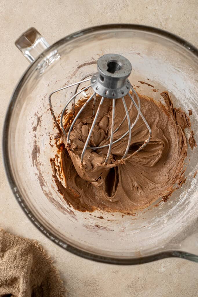 The chocolate malt buttercream filling in a bowl.