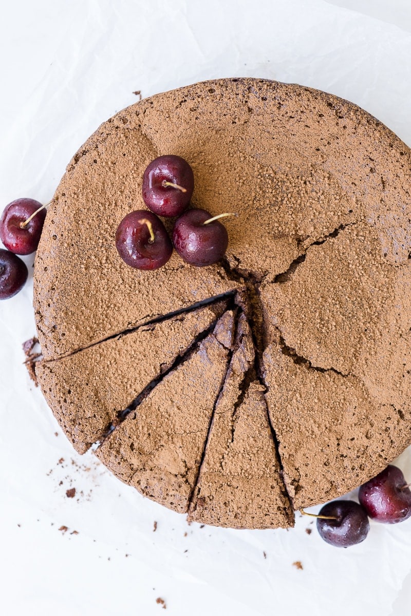 Chocolate Torte from above with cherries