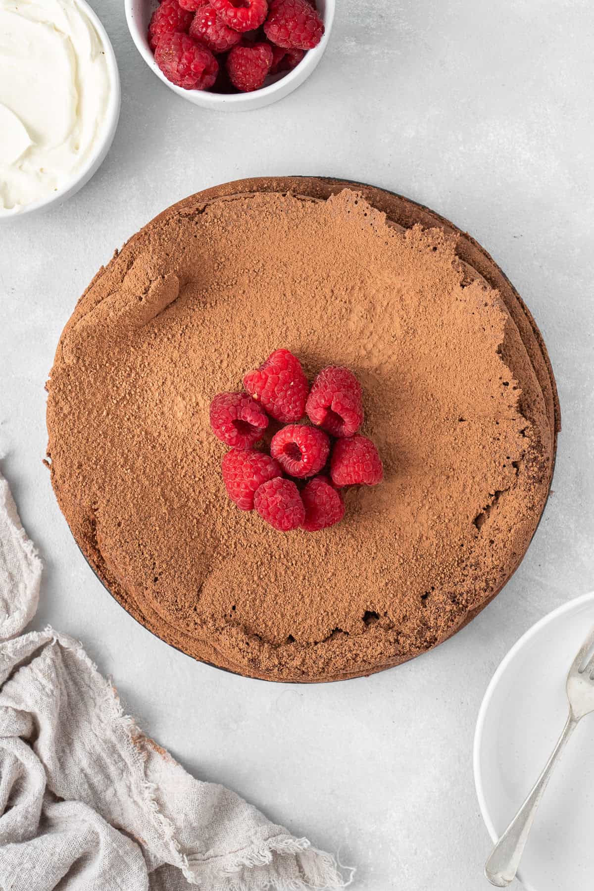 The torte cooled and dressed with cocoa powder and raspberries.