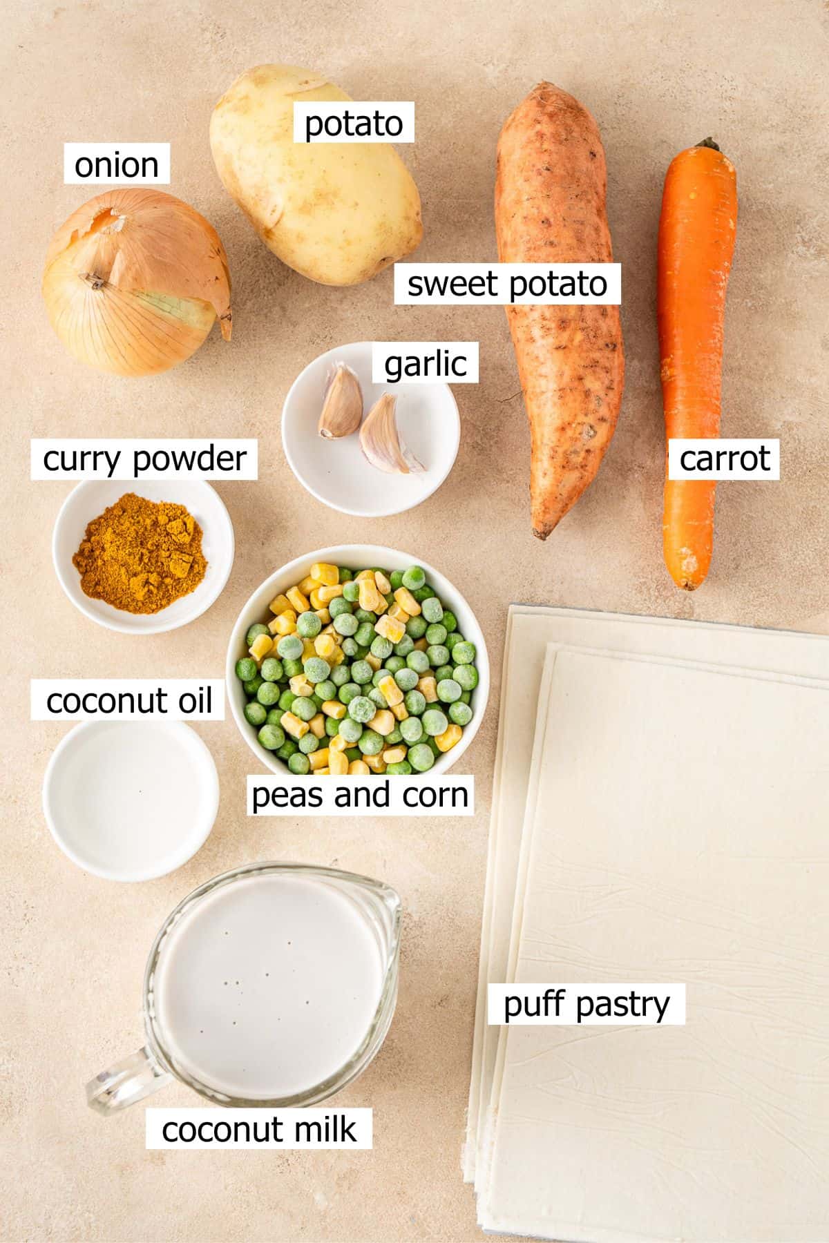 All ingredients needed to make vegetable curry pies laid out in small bowls.