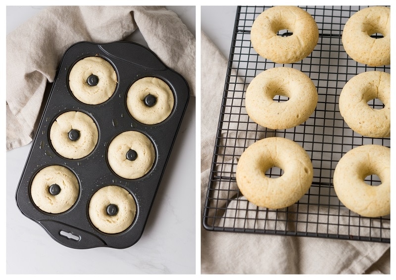 Cooked doughnuts in a pan and cooling on a rack