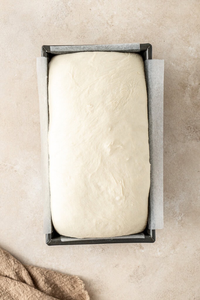 The bread dough in the tin after the second rise.