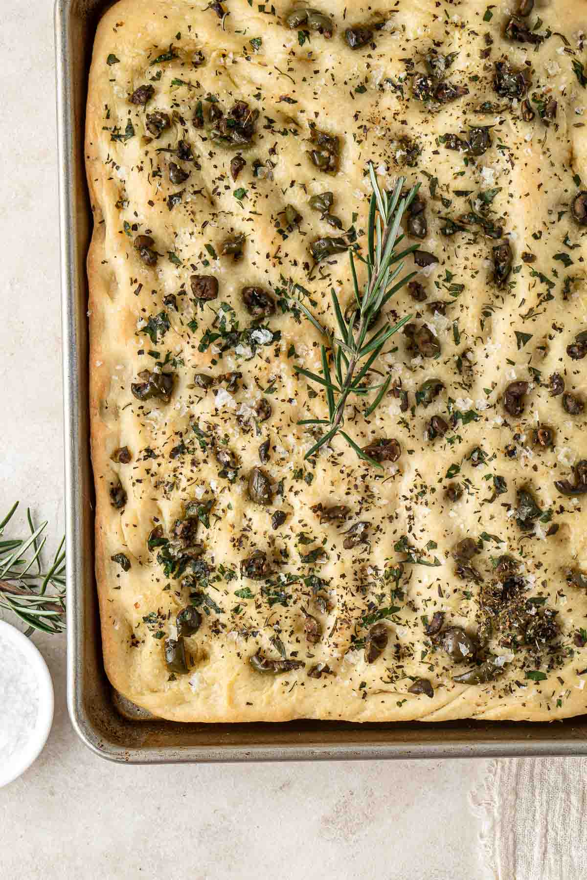 Freshly baked olive and herb focaccia.