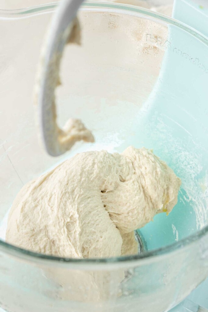 Mixing the dough with a stand mixer.
