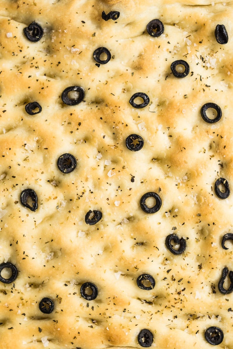 Close up of the top of Olive and Herb Focaccia