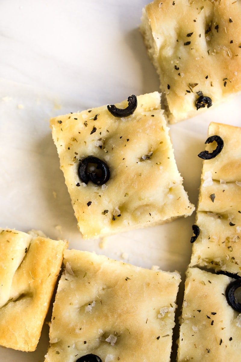 Olive and Herb Focaccia sliced into pieces