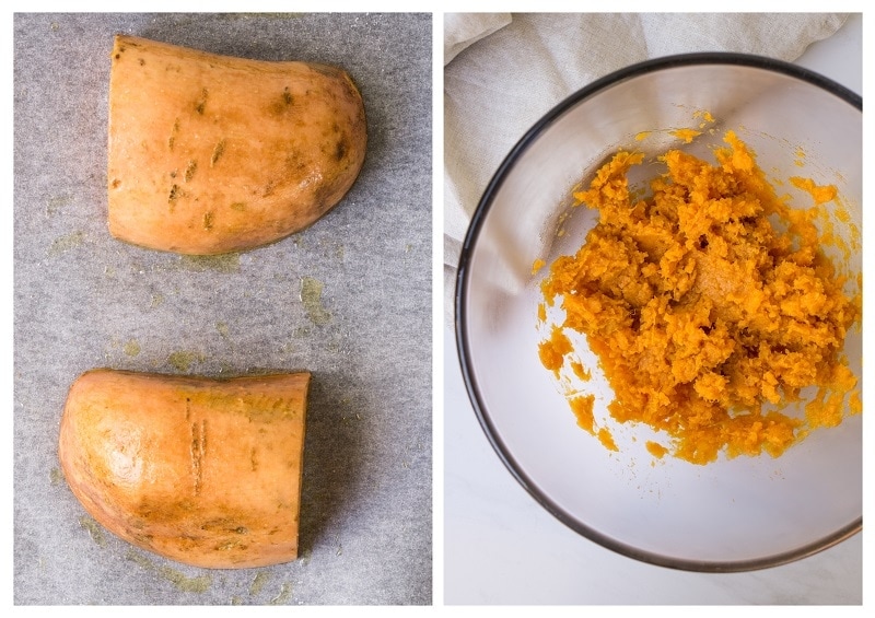 sweet potato roasting and mashed in a bowl