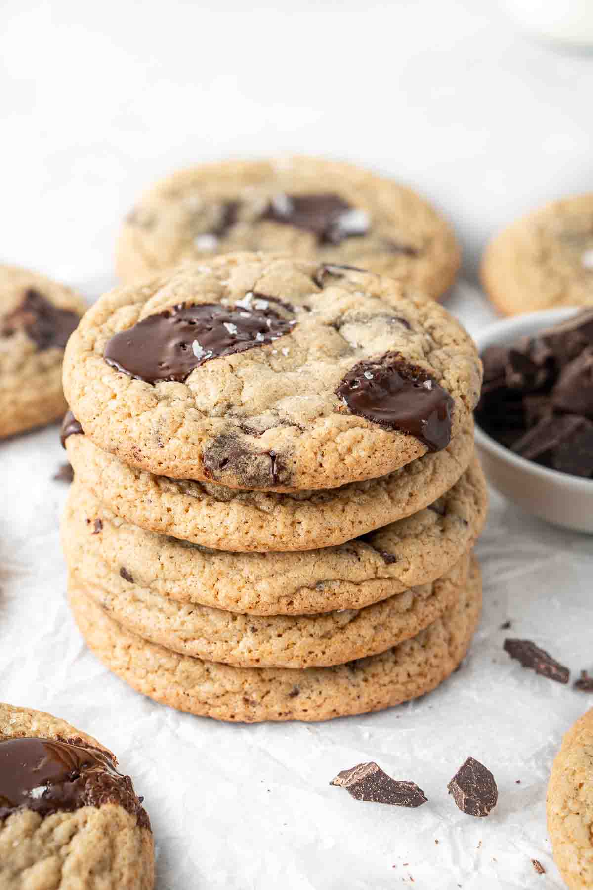 Stack of five dairy free chocolate chip cookies.